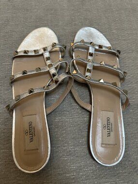 Valentino Garavani Rockstud Caged Flat Slide Sandals Silver Metallic 37.5